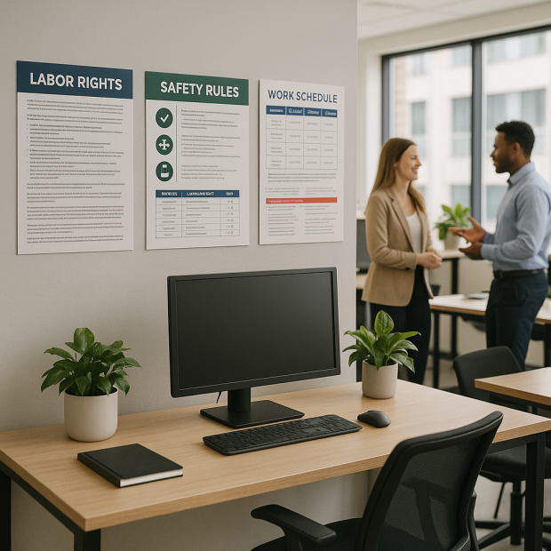 Bureau moderne avec affichages obligatoires visibles et employés travaillant à distance.