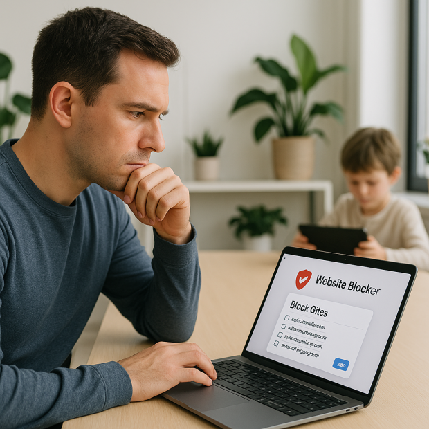 Un écran d'ordinateur avec Google Chrome affichant des sites bloqués et une application BlockSite sur un smartphone.