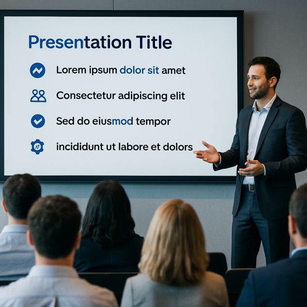 Scène d'une présentation professionnelle avec des bullet points clairs sur un grand écran.