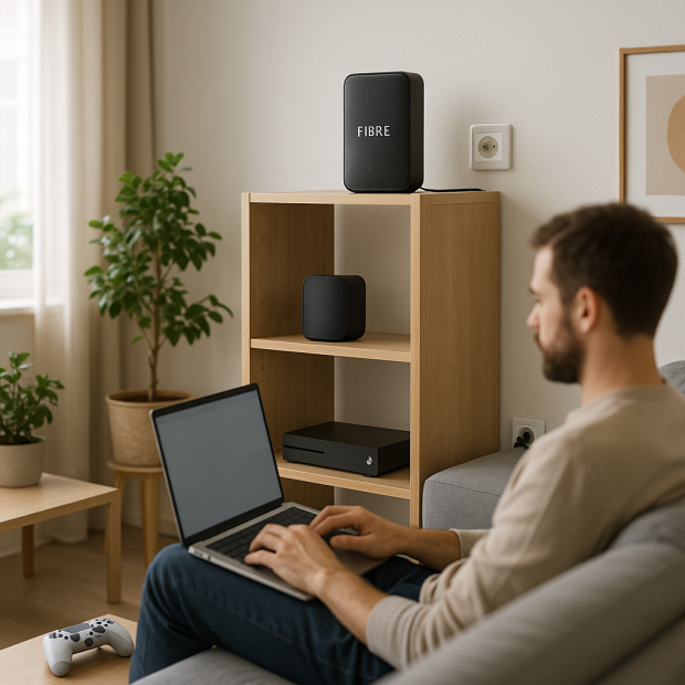 Placement optimal d'une box fibre dans un salon moderne.