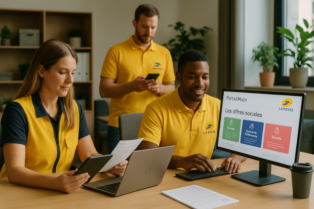 Bureau moderne où des employés de La Poste utilisent le portail malin sur un ordinateur et une tablette.