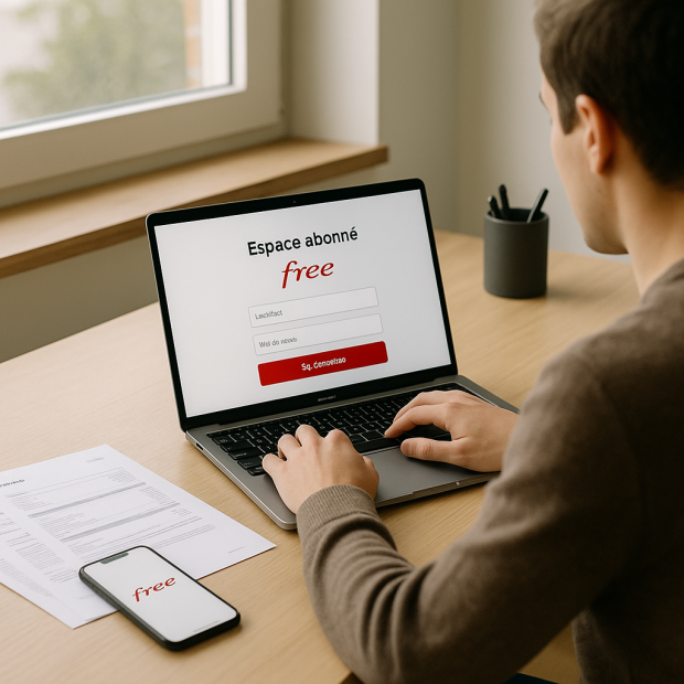 Une personne utilisant son ordinateur portable pour gérer son abonnement Free avec un smartphone sur le bureau.