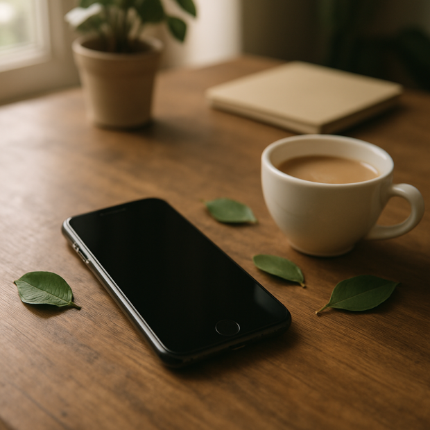 Un iPhone trouvé posé sur une table en bois, entouré d'objets du quotidien.