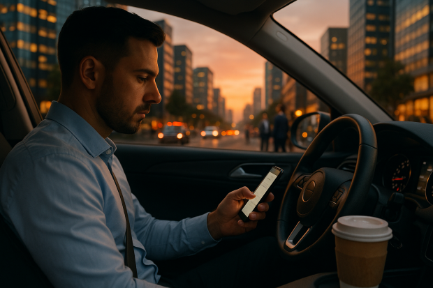 Chauffeur VTC au volant d'une voiture dans une ville animée, regardant son téléphone pour des réservations.