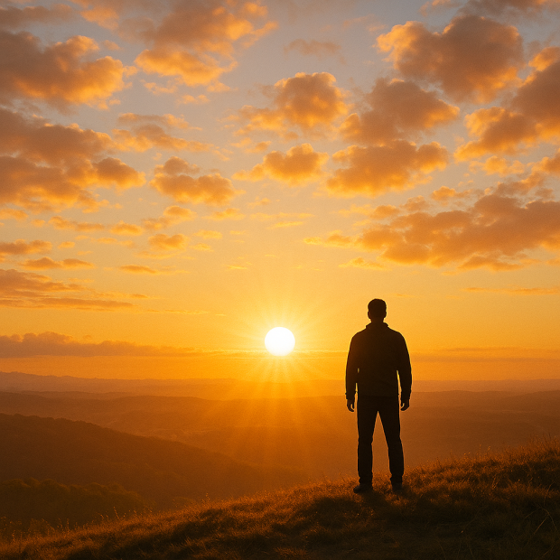 Silhouette d'une personne sur une colline regardant un lever de soleil, symbole de motivation et de renouveau.