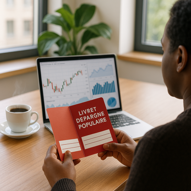 Personne lisant un livret d'épargne populaire dans un bureau moderne