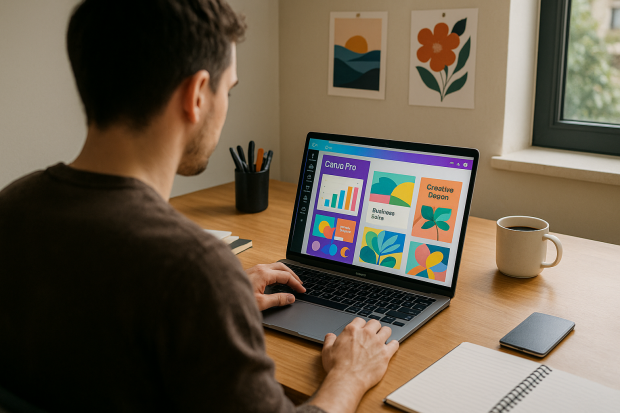 Personne utilisant Canva Pro sur un ordinateur portable dans un espace de travail créatif