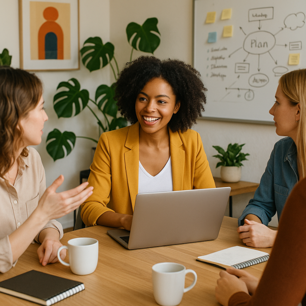 Scène d'une femme entrepreneure collaborant avec d'autres femmes dans un espace de coworking moderne.