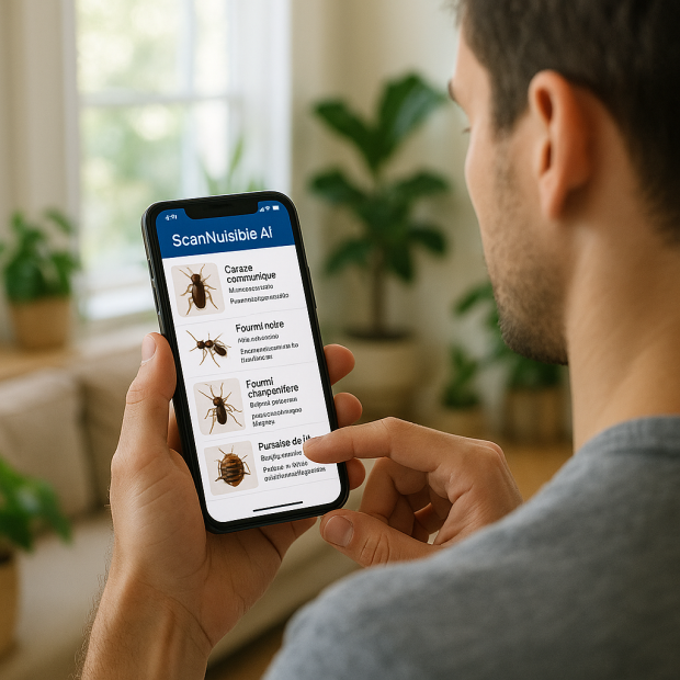 Personne utilisant l'application ScanNuisible AI sur un smartphone dans un environnement domestique.