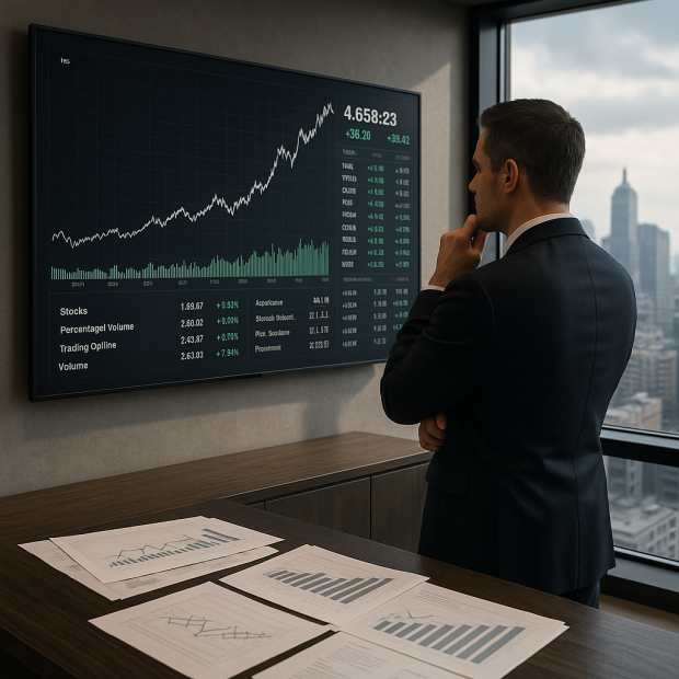 Investisseur observant des graphiques financiers dans un bureau moderne