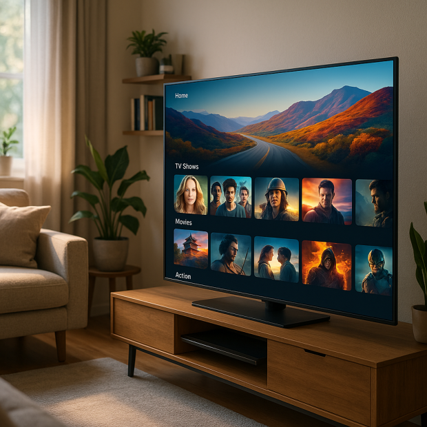 Scène d'un salon moderne avec une télévision affichant une interface de streaming dynamique et colorée, symbolisant l'expérience utilisateur de Mivtip.