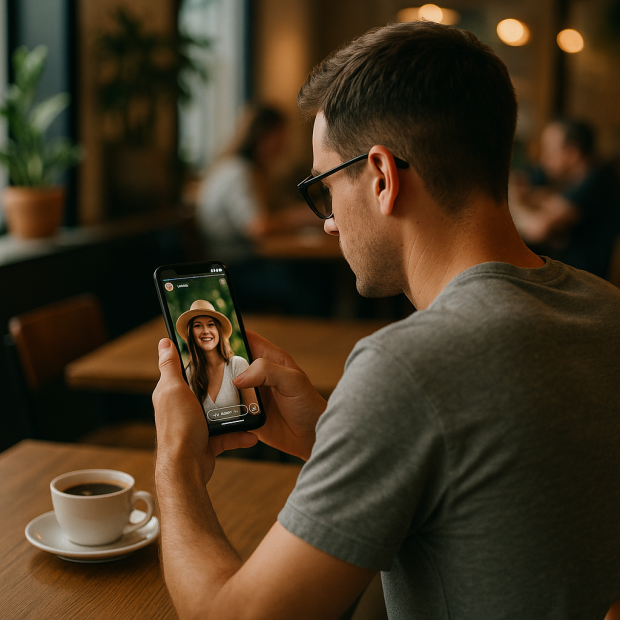 Une personne utilisant Instagram sur son smartphone dans un café, vue de dos.