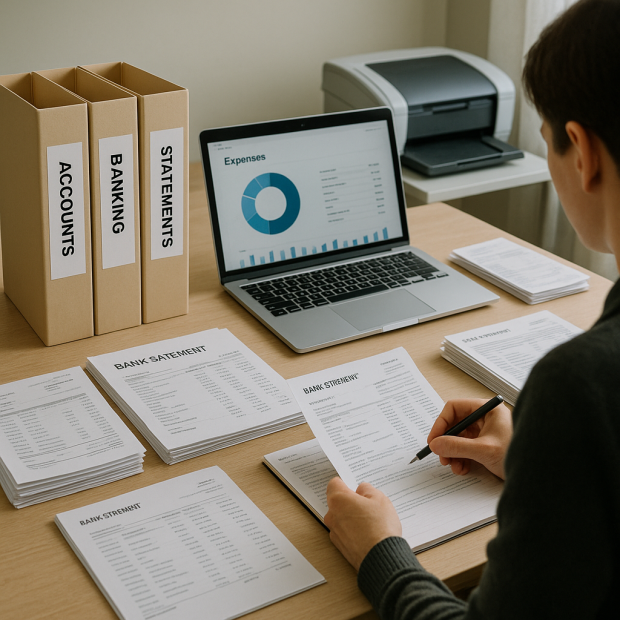 Bureau bien organisé avec des relevés bancaires classés, un ordinateur portable et un scanner