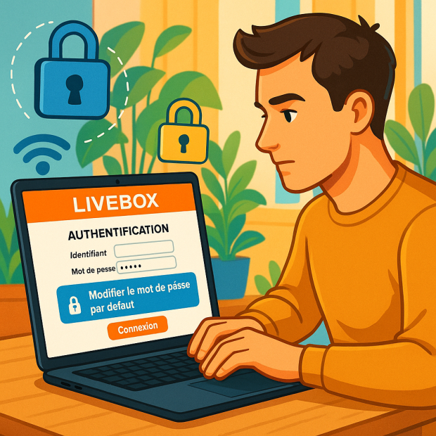 Utilisateur modifiant le mot de passe de sa Livebox sur son ordinateur portable dans un environnement moderne.
