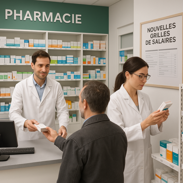 Pharmaciens en action dans une pharmacie moderne.