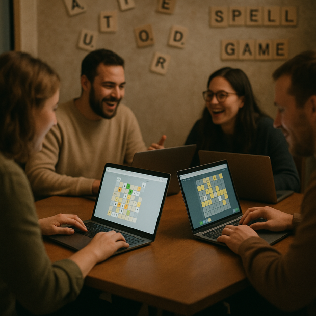 Un groupe de joueurs collaborant autour de jeux de lettres sur leurs ordinateurs, créant une atmosphère conviviale.